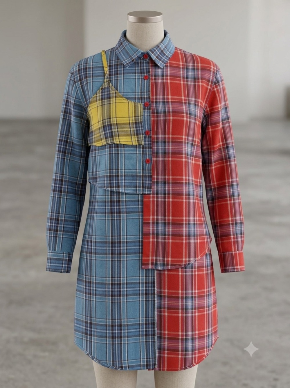 Cherry Mellow Colorblock Asymmetrical Plaid Button Down Tunic- Size Small